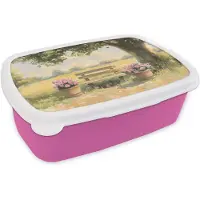 MuchoWow Broodtrommel Roze - Lunchbox Houten bankje - Bloempotten - Landschap - Brooddoos 18x12x6 cm - Brood lunch box - Broodtrommels voor kinderen en volwassenen