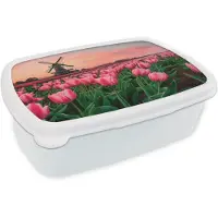 MuchoWow Broodtrommel Wit - Lunchbox Tulpen - Molen - Nederland - Brooddoos 18x12x6 cm - Brood lunch box - Broodtrommels voor kinderen en volwassenen