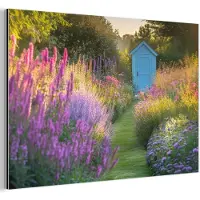 MuchoWow Aluminium schilderij 90x60 cm - Wanddecoratie metaal - Tuinhuisje - Blauw - Bloemen - Metalen muurdecoratie woonkamer - Decoratie industrieel - Foto op dibond - Industriële accessoires slaapkamer