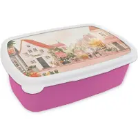 MuchoWow Broodtrommel Roze - Lunchbox Bloemen - Huizen - Dorp - Brooddoos 18x12x6 cm - Brood lunch box - Broodtrommels voor kinderen en volwassenen
