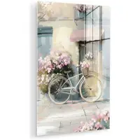 MuchoWow Glasschilderij 120x180 cm - Schilderij acrylglas - Fiets - Pastelkleuren - Bloemen - Foto op glas - Muurdecoratie woonkamer - Wanddecoratie slaapkamer - Schilderijen
