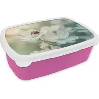 MuchoWow Broodtrommel Roze - Lunchbox Lieveheersbeestje - Bloemen - Wit - Brooddoos 18x12x6 cm - Brood lunch box - Broodtrommels voor kinderen en volwassenen