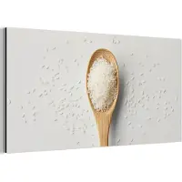 MuchoWow Aluminium schilderij 160x80 cm - Wanddecoratie metaal - Hout - Lepel - Rijst - Metalen muurdecoratie woonkamer - Decoratie industrieel - Foto op dibond - Industriële accessoires slaapkamer