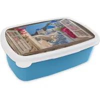 MuchoWow Broodtrommel Blauw - Lunchbox Doorkijk - Santorini - Landschap - Blauw - Grieks - Brooddoos 18x12x6 cm - Brood lunch box - Broodtrommels voor kinderen en volwassenen