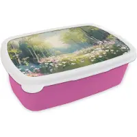 MuchoWow Broodtrommel Roze - Lunchbox Bos - Schilderstijl - Kleurrijk - Brooddoos 18x12x6 cm - Brood lunch box - Broodtrommels voor kinderen en volwassenen