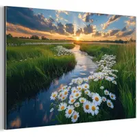 MuchoWow Aluminium schilderij 120x80 cm - Wanddecoratie metaal - Beekje - Landschap - Margriet - Metalen muurdecoratie woonkamer - Decoratie industrieel - Foto op dibond - Industriële accessoires slaapkamer