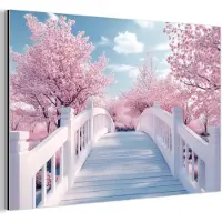MuchoWow Aluminium schilderij 90x60 cm - Wanddecoratie metaal - Brug - Kersenbomen - Wit - Metalen muurdecoratie woonkamer - Decoratie industrieel - Foto op dibond - Industriële accessoires slaapkamer