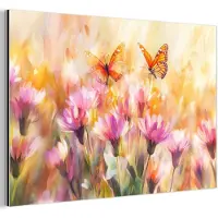 MuchoWow Aluminium schilderij 120x80 cm - Wanddecoratie metaal - Vlinders - Oranje - Bloemen - Metalen muurdecoratie woonkamer - Decoratie industrieel - Foto op dibond - Industriële accessoires slaapkamer