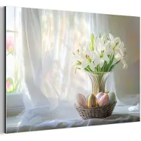 MuchoWow Aluminium schilderij 60x40 cm - Wanddecoratie metaal - Vaas - Eieren - Bloemen - Metalen muurdecoratie woonkamer - Decoratie industrieel - Foto op dibond - Industriële accessoires slaapkamer