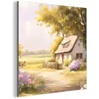 MuchoWow Aluminium schilderij 90x90 cm - Wanddecoratie metaal - Huisje - Hout - Bloemen - Metalen muurdecoratie woonkamer - Decoratie industrieel - Foto op dibond - Industriële accessoires slaapkamer