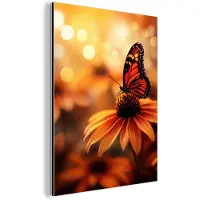 MuchoWow Aluminium schilderij 60x80 cm - Wanddecoratie metaal - Vlinder - Bloemen - Oranje - Metalen muurdecoratie woonkamer - Decoratie industrieel - Foto op dibond - Industriële accessoires slaapkamer