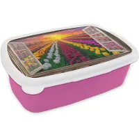 MuchoWow Broodtrommel Roze - Lunchbox Doorkijk - Bloemen - Tulpen - Kleurrijk - Zonsondergang - Brooddoos 18x12x6 cm - Brood lunch box - Broodtrommels voor kinderen en volwassenen