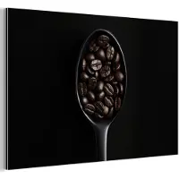 MuchoWow Aluminium schilderij 30x20 cm - Wanddecoratie metaal - Koffiebonen - Lepel - Zwart - Metalen muurdecoratie woonkamer - Decoratie industrieel - Foto op dibond - Industriële accessoires slaapkamer