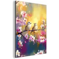 MuchoWow Aluminium schilderij 30x40 cm - Wanddecoratie metaal - Vogels - Bloemen - Roze - Metalen muurdecoratie woonkamer - Decoratie industrieel - Foto op dibond - Industriële accessoires slaapkamer
