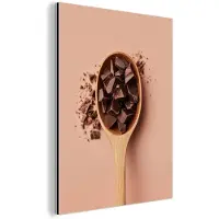MuchoWow Aluminium schilderij 120x160 cm - Wanddecoratie metaal - Chocola - Hout - Lepel - Metalen muurdecoratie woonkamer - Decoratie industrieel - Foto op dibond - Industriële accessoires slaapkamer