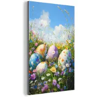 MuchoWow Aluminium schilderij 100x150 cm - Wanddecoratie metaal - Grasveld - Eieren - Bloemen - Metalen muurdecoratie woonkamer - Decoratie industrieel - Foto op dibond - Industriële accessoires slaapkamer