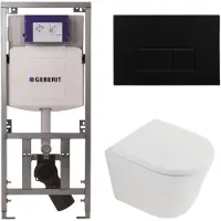 Geberit QeramiQ Dely Toiletset - 36.3x51.7cm - diepspoel - rimless - UP320 inbouwreservoir - softclose toilet zitting 35 mm - metaal mat zwarte bedieningsplaat - rechthoekige knoppen - mat wit