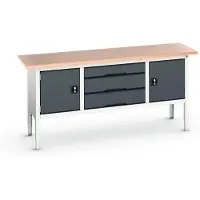 Bott verso box-type werkbank, met multiplex blad, 3 laden & 2 deuren, B 2000 x D 600 x H 830 - 930 mm, lichtgrijs RAL 7035 / antracietgrijs RAL 7016