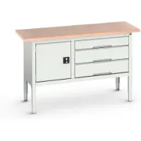 Bott Box werkbank verso, met multiplex legbord, 3 laden & 1 deur, B 1500 x D 600 x H 830 - 930 mm, RAL 7035 lichtgrijs