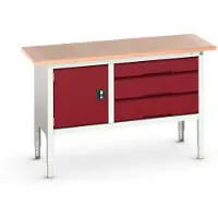 Bott verso box-type werkbank, met multiplex blad, 3 laden & 1 deur, B 1500 x D 600 x H 830 - 930 mm, lichtgrijs RAL 7035 / paars RAL 3004
