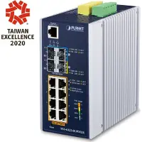 Planet IP30 DIN-rail Industrial L3 8P Managed Gigabit Ethernet (10/100/1000) Aluminium, Blauw