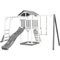 Axi Beach Tower Speeltoren met Klimrek en Enkele Schommel Grijs/wit - Grijze Glijbaan