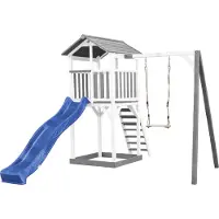 Axi Beach Tower Speeltoestel van hout in Grijs en Wit | Speeltoren met zandbak, schommel en blauwe Glijbaan | Speelhuis op palen voor de tuin