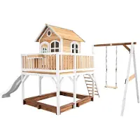 Axi Liam Speelhuis op palen, zandbak, enkele schommel & witte Glijbaan | Speelhuisje voor de tuin / buiten in bruin & wit van FSC hout | Speeltoestel voor kinderen