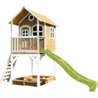 Axi Sarah Speelhuis op palen, zandbak & limoen groene Glijbaan | Speelhuisje voor de tuin / buiten in bruin & wit van hout | Speeltoestel voor kinderen
