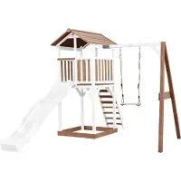 Axi Beach Tower Speeltoestel van hout in Bruin en Wit | Speeltoren met zandbak, schommel en witte Glijbaan | Speelhuis op palen voor de tuin