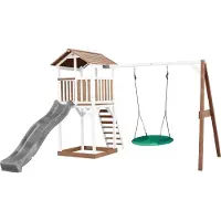 Axi Beach Tower Speeltoestel van hout in Bruin en Wit | Speeltoren met zandbak, nestschommel en grijze Glijbaan | Speelhuis op palen voor de tuin
