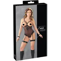 Cottelli Bondage - body met metalen ringen en polsboeien - zwart - L