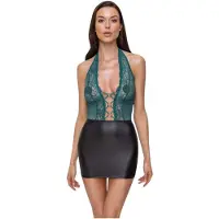 Cottelli - glanzende jurk met veters en kant (zwart-groen) - XL