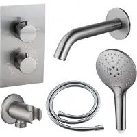 FortiFura Calvi Badkraan set - uitloop - 22cm inkortbaar - gladde slang - ronde handdouche - inbouwdeel - wandhouder - PVD - geborsteld RVS SW542645/SW728177/SW1159493/SW1122512/SW799447