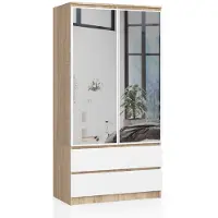 Akord Kledingkast S90 met Spiegel 2 Deuren en 2 Lades / Furniture Factory / Sonoma Eik - Wit / 90 x 180 x 51 cm