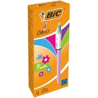 BIC 4 Colours Fun, balpen, 0,32 mm, 4 pastel inktkleuren, lichaam pastelroze 12 stuks