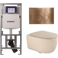 Geberit QeramiQ Dely Swirl Toiletset - 36.3x51.7cm - UP320 inbouwreservoir - met Burda frame - slim zitting - koperen bedieningsplaat - ronde knoppen - beige 0701131/SW706196/SW1000770/SW1026259