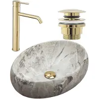 REA Linda Opzetwastafel Light Grijs + Wastafelkraan Lungo High Goud + Kurk Goud