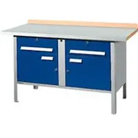 Schäfer Shop Werkbank met kasten PWi 150-0, ESD, beuken multiplexplaat, met stalen deksel, tot 750 kg, B 1500 x D 700 x H 840 mm, gentiaanblauw/blank aluminium