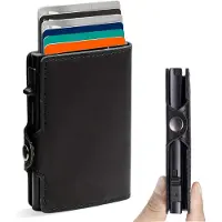 Luft Pasjeshouder voor 10 pasjes Leer - Veilig - Uitschuifbaar - RFID bescherming - Kaart - Portemonnee - Aluminium - Heren - Voor mannen en vrouwen - Pasjes houders - Zwart
