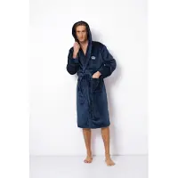 Aruelle Luxe badjas heren – blauwe badjas met capuchon – borst borduring van kroon - herenbadjas zacht – luxury bathrobe – 100% fleece – maat M