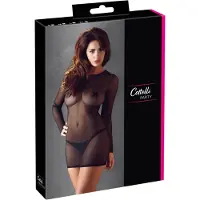 Cottelli – Sexy Powernet Mini Jurk Doorschijnend met Lange Mouwen Uitzonderlijke Verleiding – Maat S – Zwart