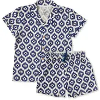 Little label shortama blauw Meisjes Stretchkatoen Klassieke kraag All over print - maat 134/140
