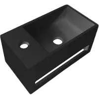 Alvoro Solid Fontein 35,8x20,5cm Solid Surface Met Handdoekhouder - Kraangat Links - Mat Zwart - 5404024116757 - Rechthoekig - Wastafels, Fonteinen
