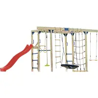 Axi Boris Klimtoestel van hout in bruin met rode Glijbaan | Klimtoestel uitgerust voor kinderen met verschillende Schommels, Trapeze, Klimnetten en Monkey Bars | Klimtoestel voor in de tuin