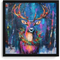 PosterMonkey Poster in lijst - Fotolijst 40x40 cm - Posters - Rendier - Krans - Sprookjesachtig - Blauw - Posterlijst zwart - Decoratie - Wanddecoratie woonkamer - Muurdecoratie slaapkamer