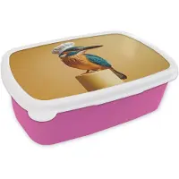MuchoWow Broodtrommel Roze - Lunchbox Ijsvogel - Pilaar - Koksmuts - Vogel - Brooddoos 18x12x6 cm - Brood lunch box - Broodtrommels voor kinderen en volwassenen
