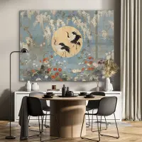 MuchoWow Glasschilderij 160x120 cm - Schilderij acrylglas - Kraanvogels - Maan - Bloemen - Blauw - Foto op glas - Muurdecoratie woonkamer - Wanddecoratie slaapkamer - Schilderijen