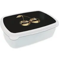 MuchoWow Broodtrommel Wit - Lunchbox Kersen - Zwart - Goud - Chrome - Brooddoos 18x12x6 cm - Brood lunch box - Broodtrommels voor kinderen en volwassenen