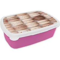 MuchoWow Broodtrommel Roze - Lunchbox Macarons - Beige - Bruin - Brooddoos 18x12x6 cm - Brood lunch box - Broodtrommels voor kinderen en volwassenen